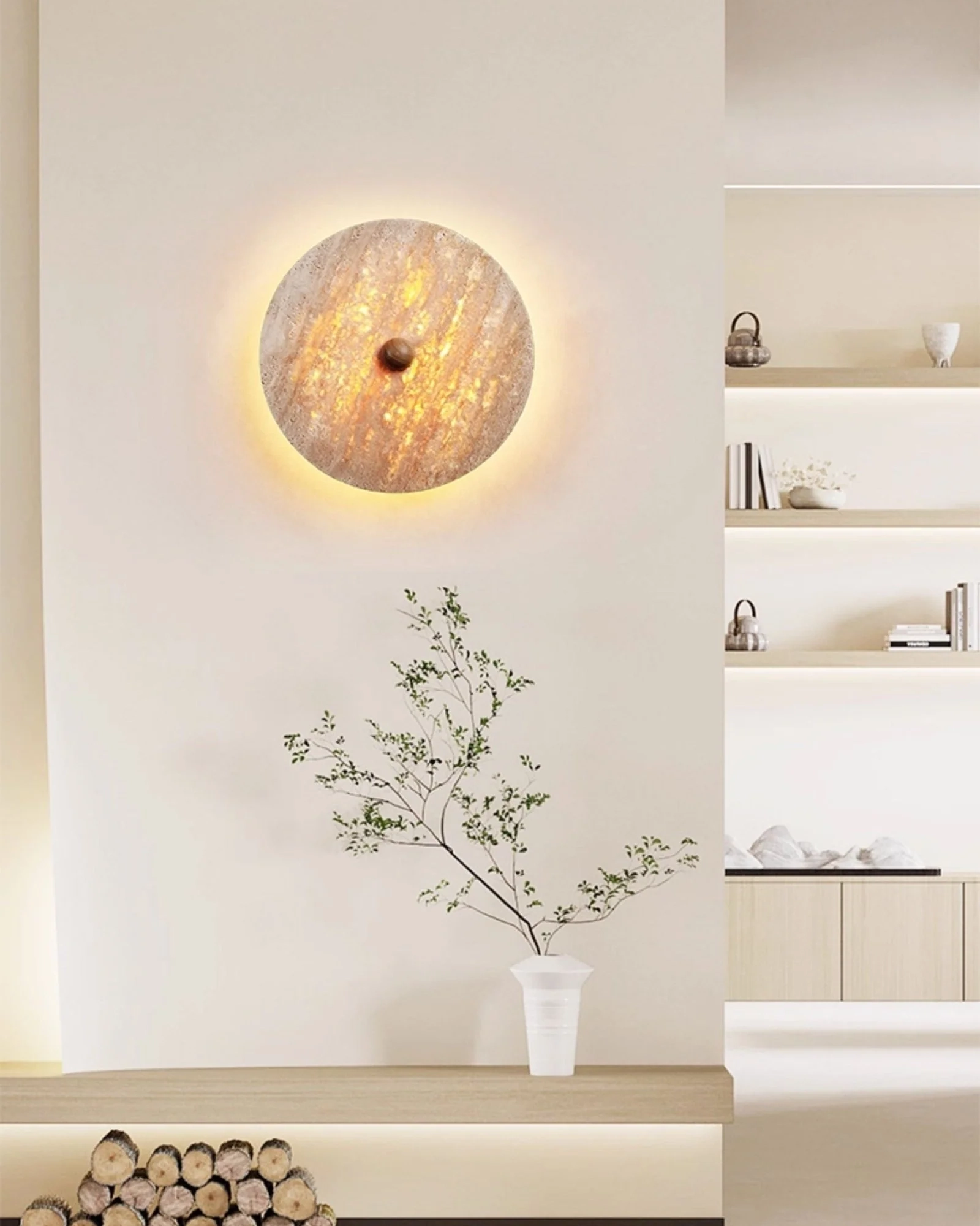 Round Travertine Disk Wall Lamp