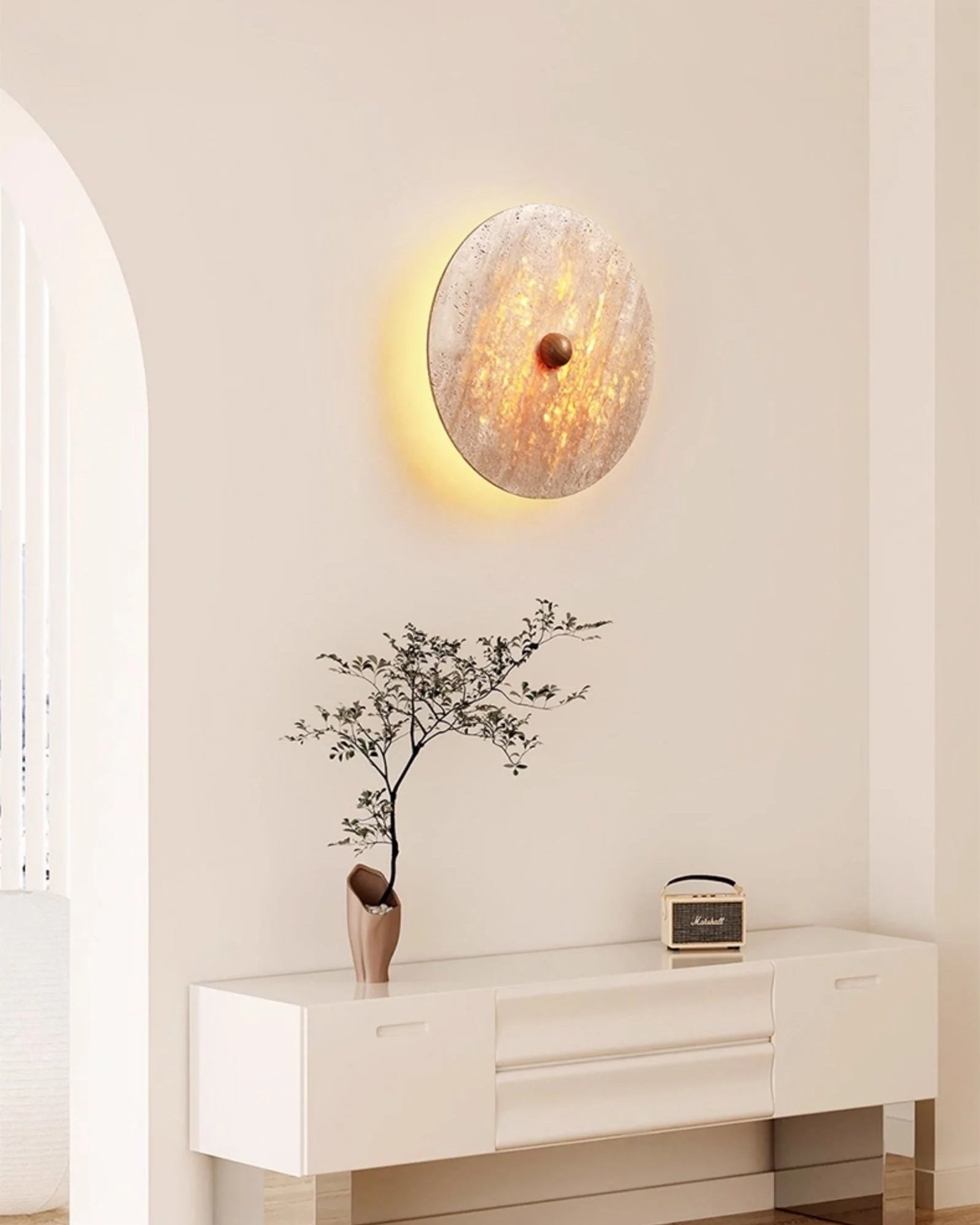 Round Travertine Disk Wall Lamp