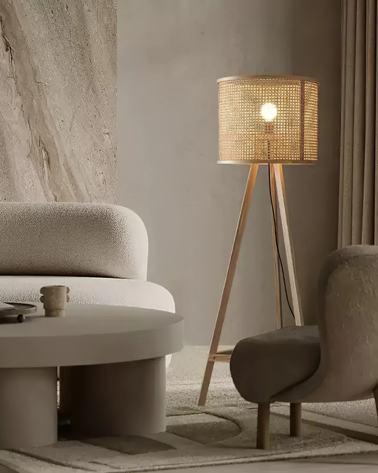 Tripod Wooden Rattan Floor Lamp