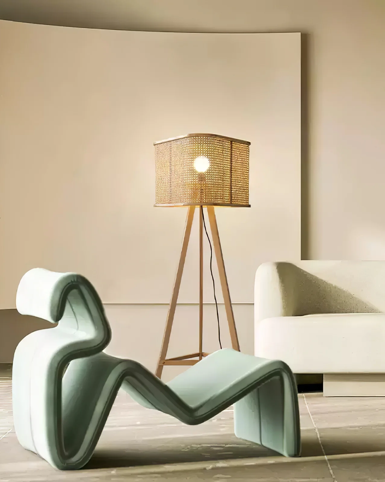 Tripod Wooden Rattan Floor Lamp