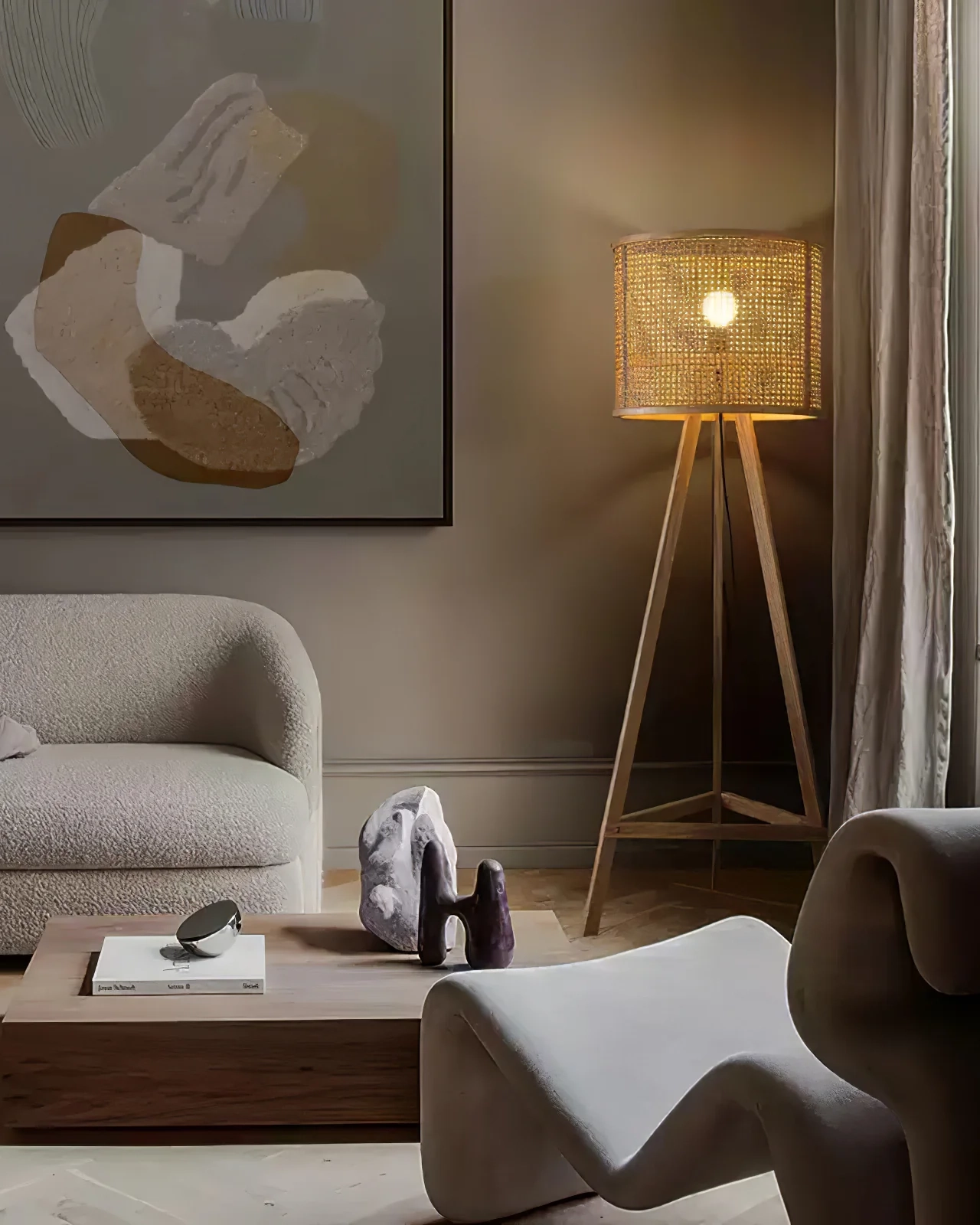 Tripod Wooden Rattan Floor Lamp