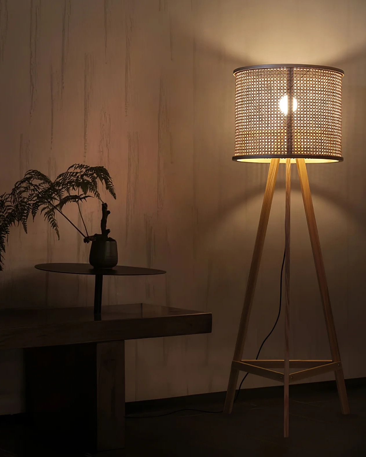 Tripod Wooden Rattan Floor Lamp
