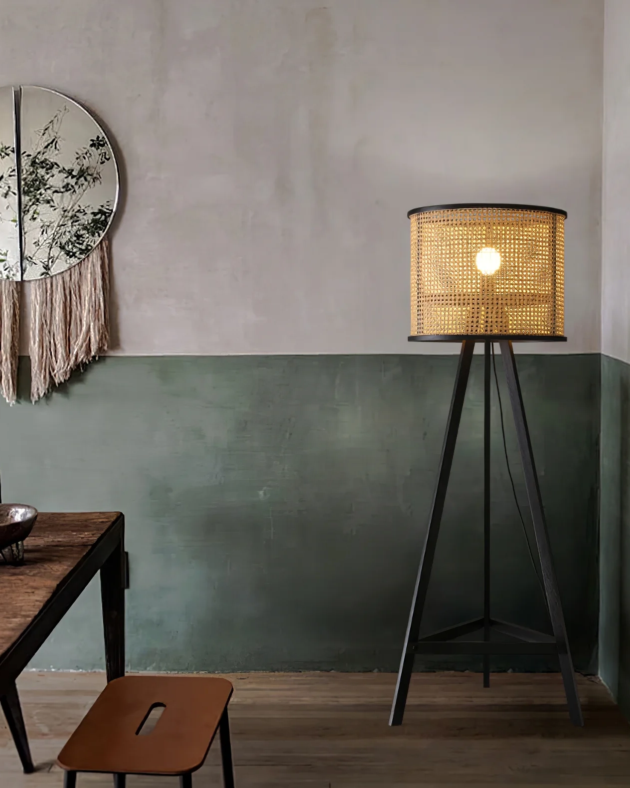 Tripod Wooden Rattan Floor Lamp