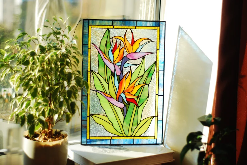 Stained bird of paradise glass window hangings suncatcher