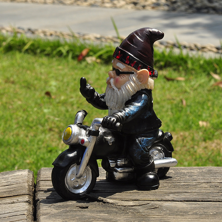 Middle Finger Dwarf Riding Motorcycle Funny Outdoor Garden Gnome