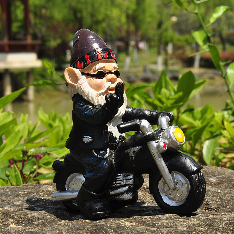 Middle Finger Dwarf Riding Motorcycle Funny Outdoor Garden Gnome