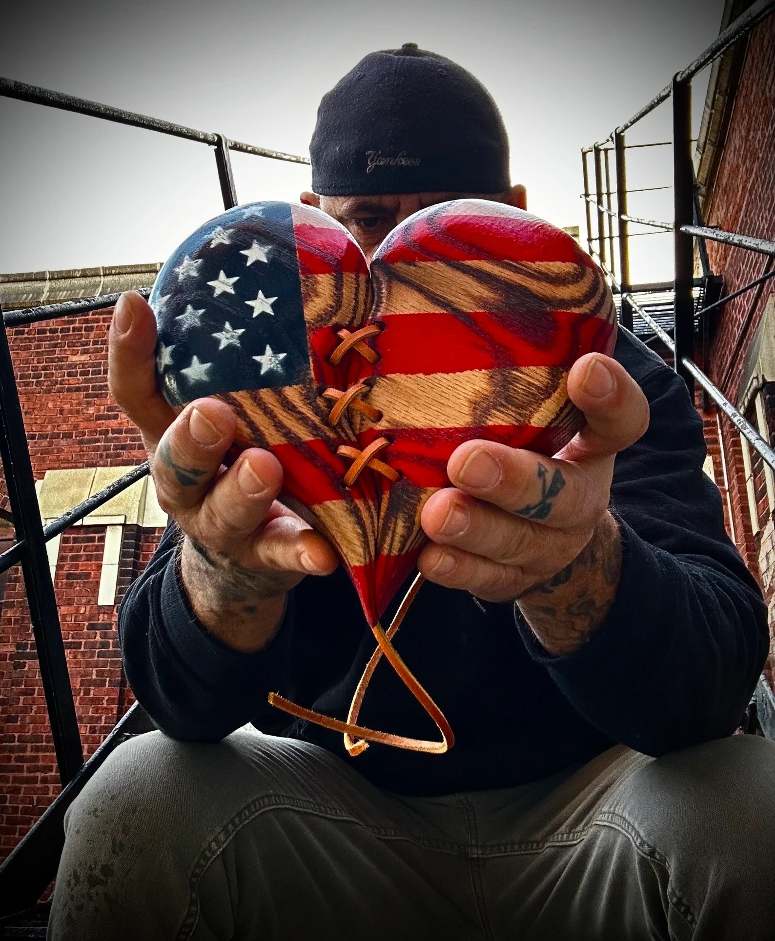 Handmade Wood Heart American Flag