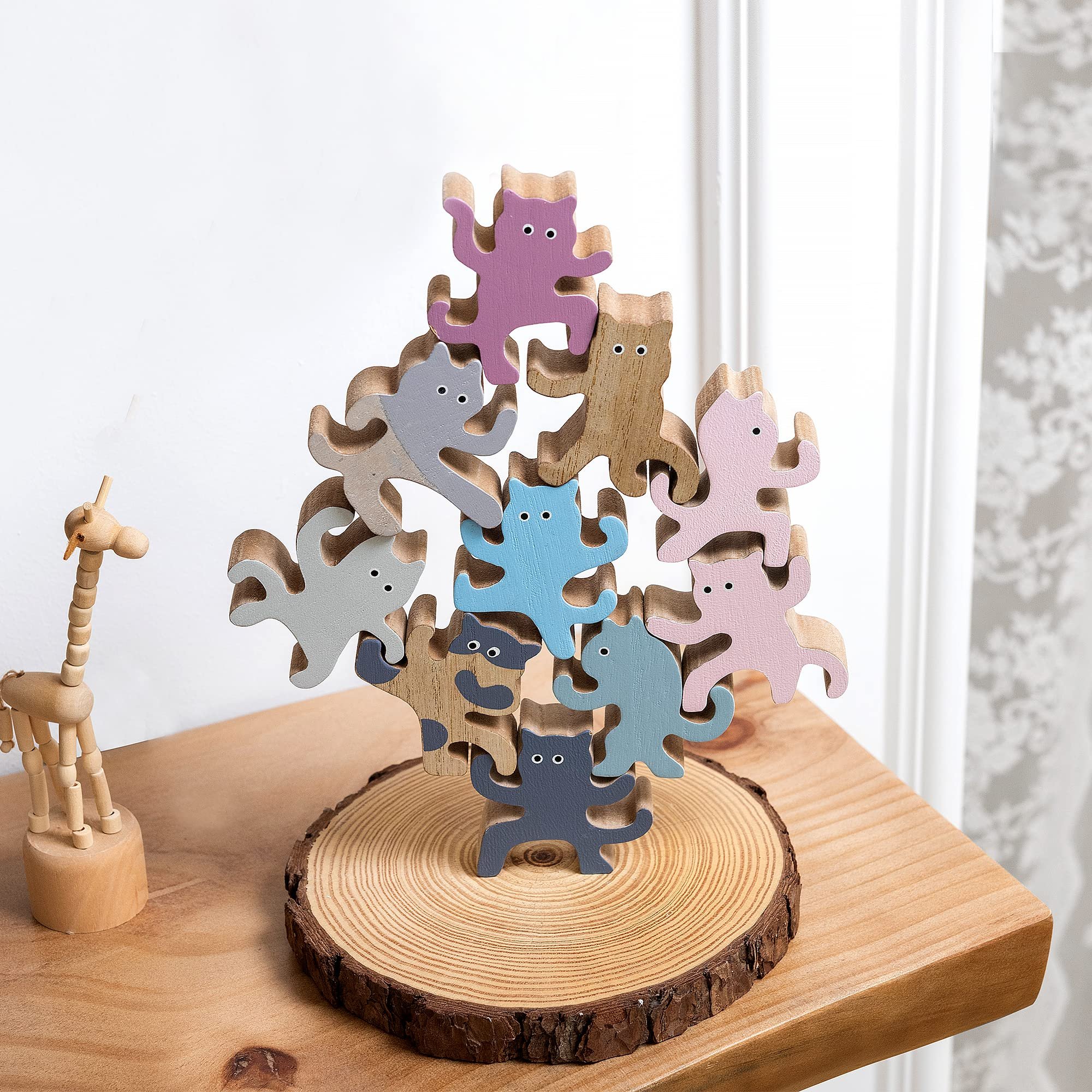 Colorful Kung Fu Cat Stacking Toy - Wooden Balancing Stackable Playset