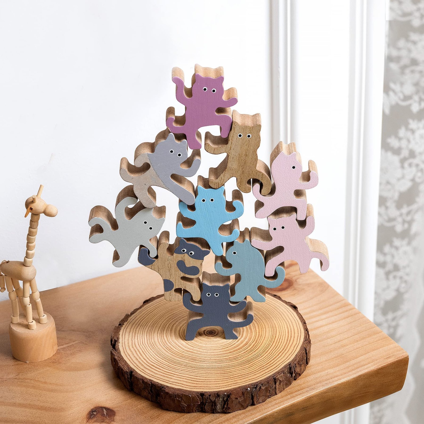Colorful Kung Fu Cat Stacking Toy - Wooden Balancing Stackable Playset