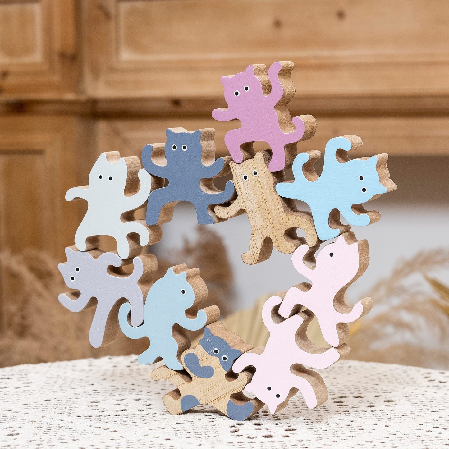 Colorful Kung Fu Cat Stacking Toy - Wooden Balancing Stackable Playset