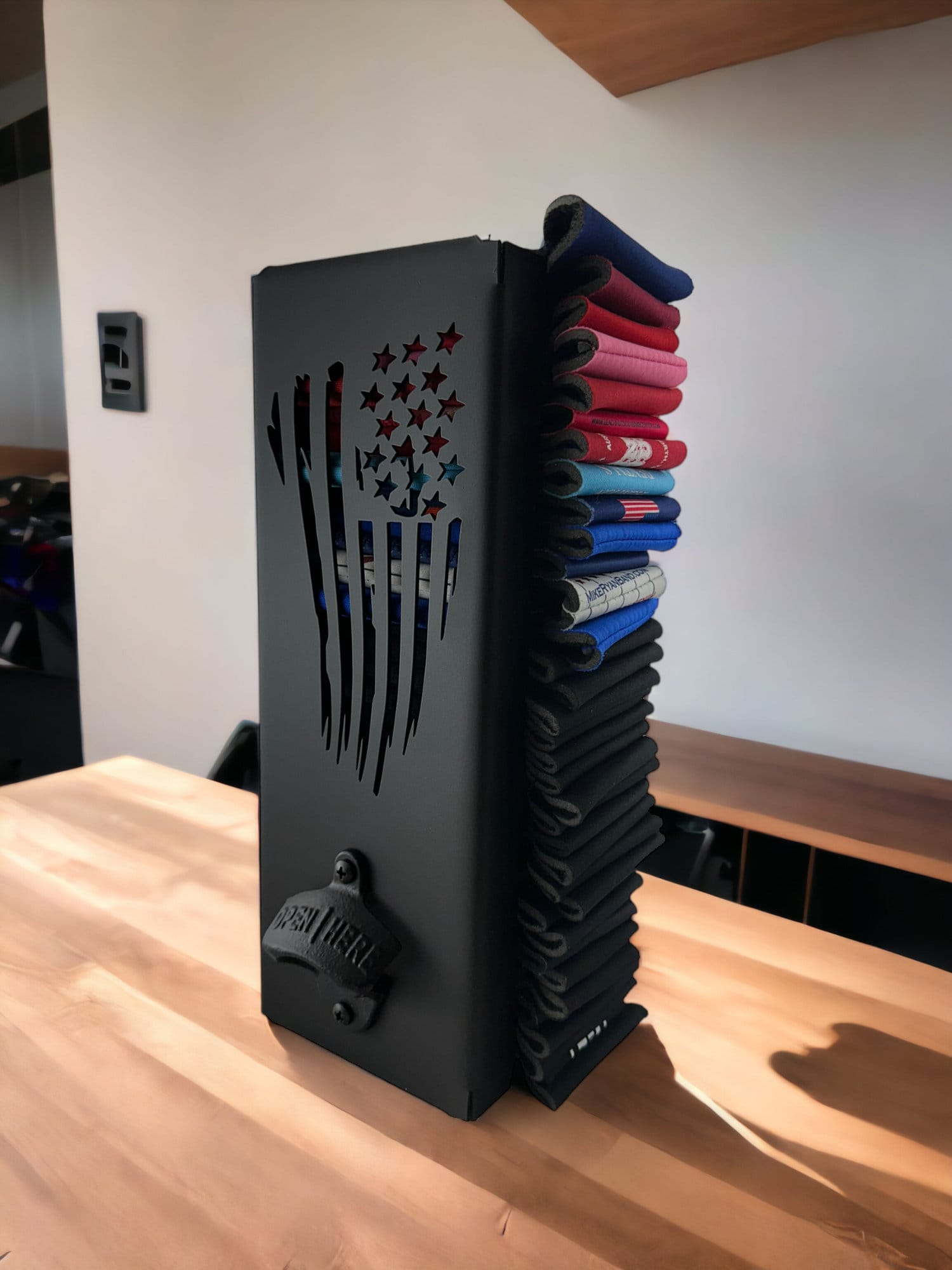Custom can cooler holder with bottle opener