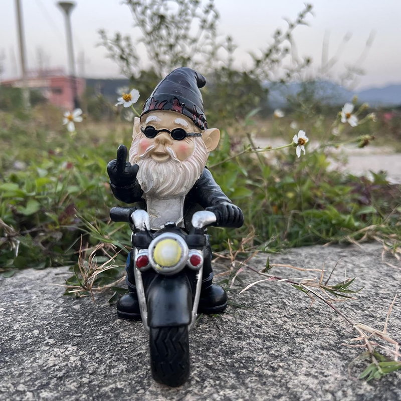 Middle Finger Dwarf Riding Motorcycle Funny Outdoor Garden Gnome