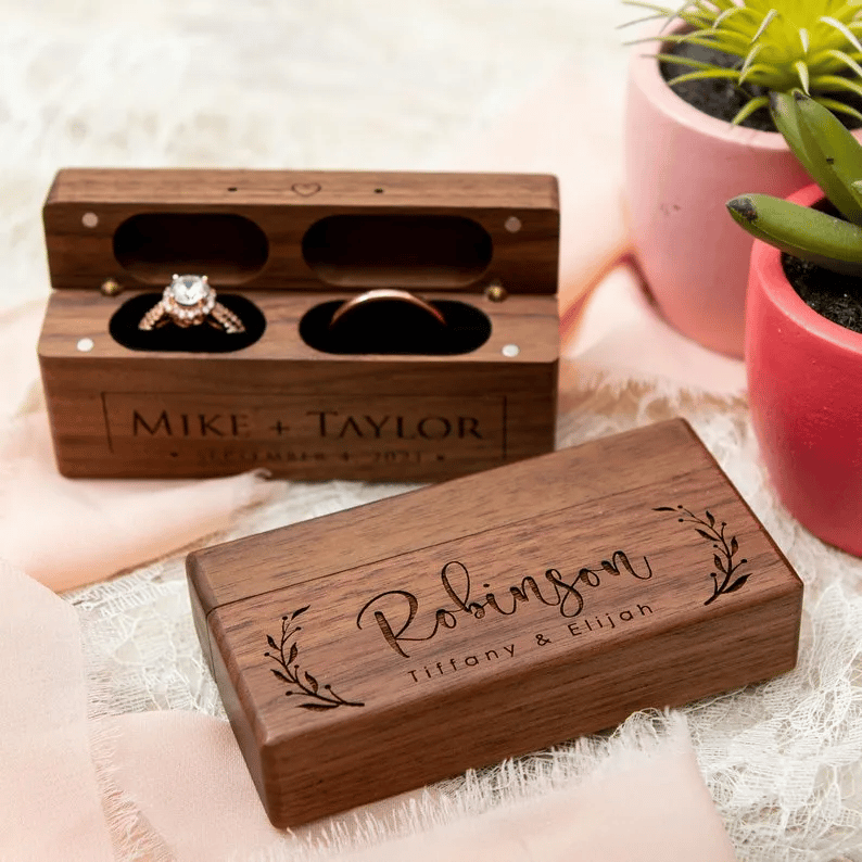 Personalized Wedding Double Slot Wooden Ring Box