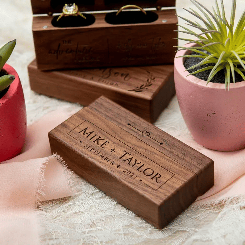 Personalized Wedding Double Slot Wooden Ring Box