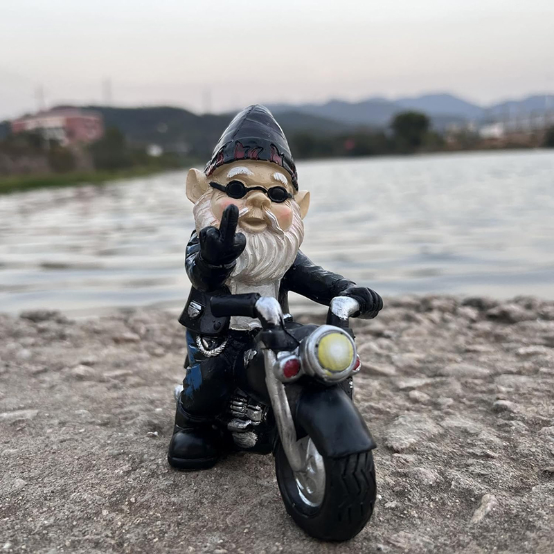 Middle Finger Dwarf Riding Motorcycle Funny Outdoor Garden Gnome