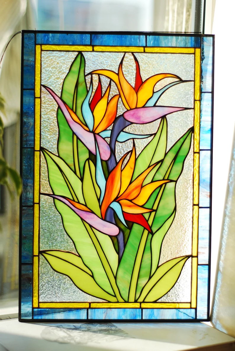 Stained bird of paradise glass window hangings suncatcher