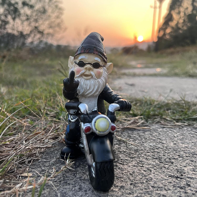 Middle Finger Dwarf Riding Motorcycle Funny Outdoor Garden Gnome