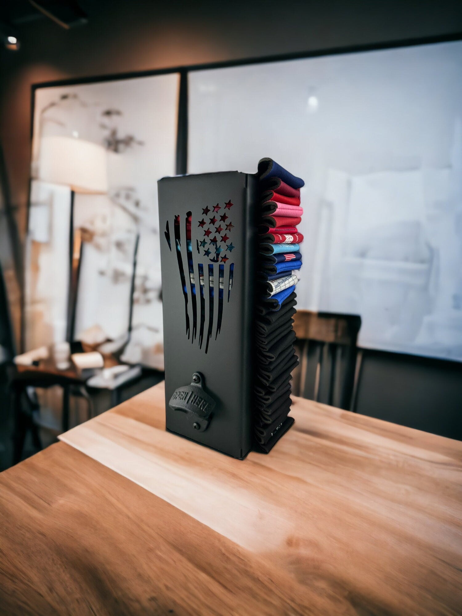 Can cooler holder with bottle opener