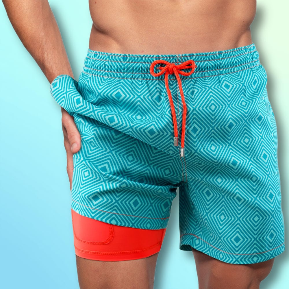 Coral Illusion - Mens Swim Trunks with Compression Liner