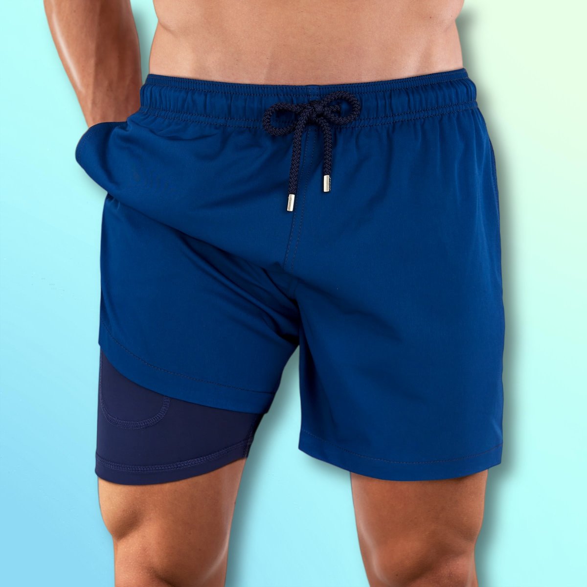 Navy Blue-Mens Swim Trunks with Compression Liner