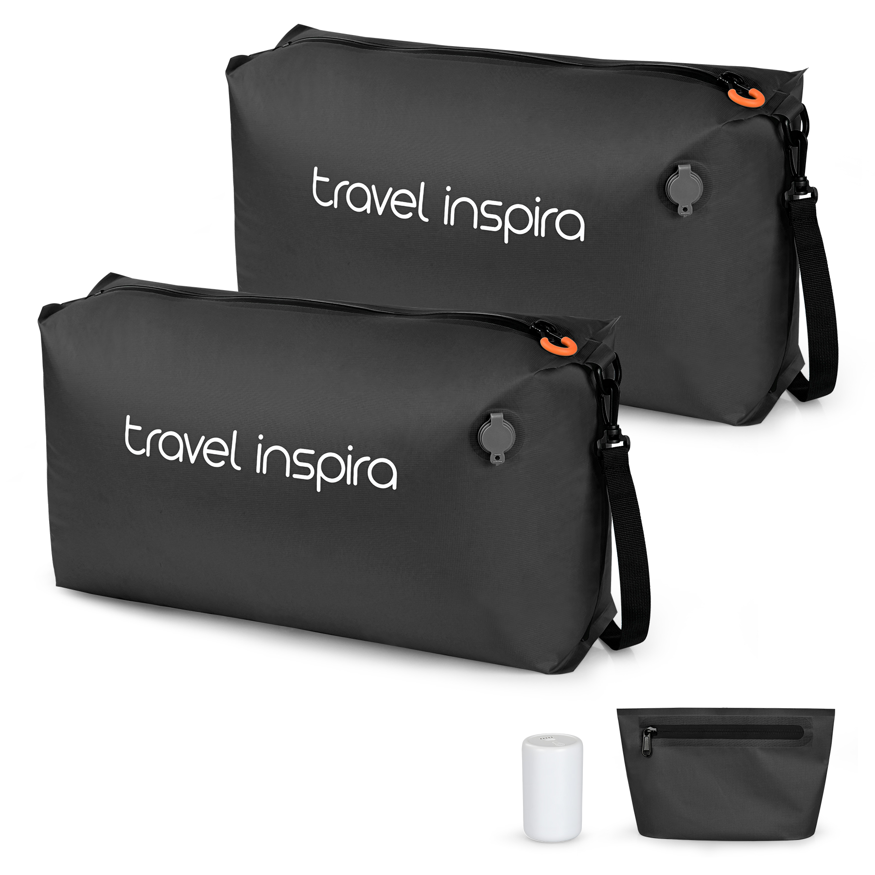 travel inspira Vacuum Bags with Pump - Ultra-Durable Nylon Space Saver Compression Solution for Suitcases & Backpacks, Reusable, Lightweight, IP67 Airtight Zipper Seal, Light Black 2 Bags Set, Storage bag for organizer, outdoor,Trip,Gym