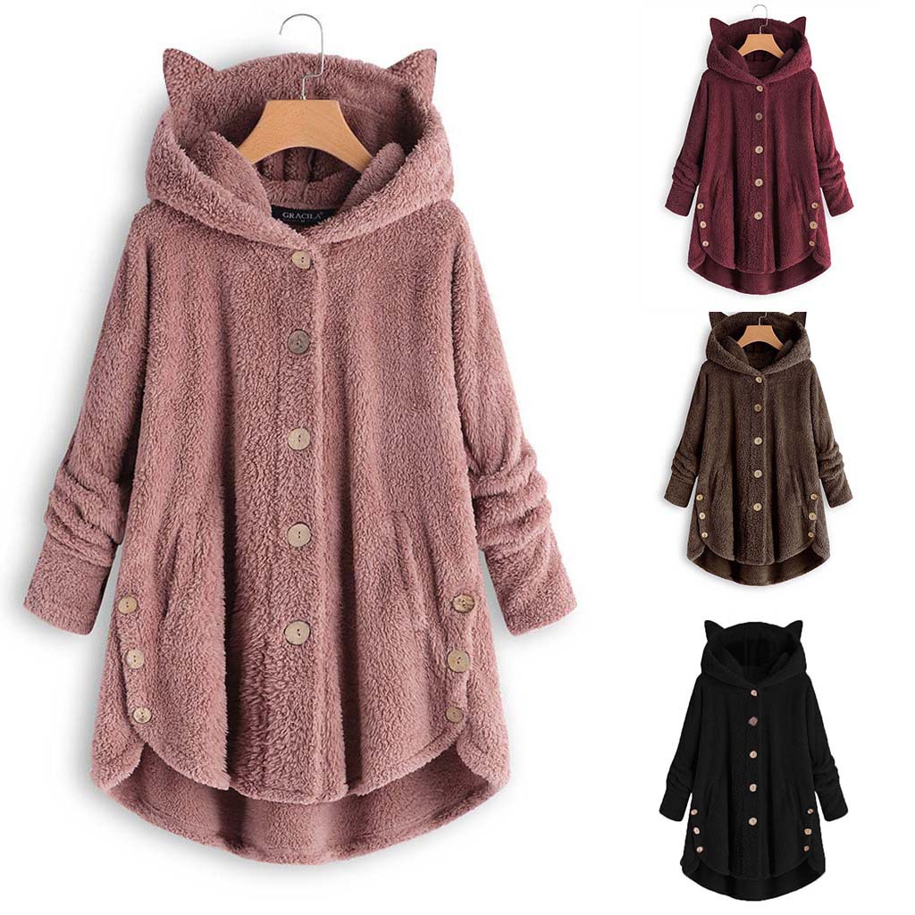 Women's Button Cat Ear Plush Solid Color Hoodie