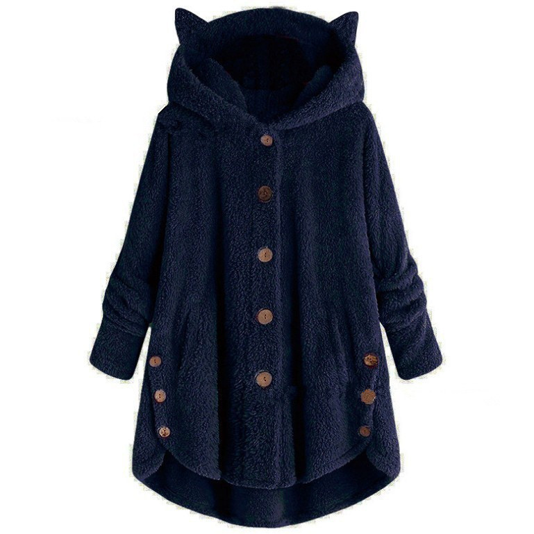 Women's Button Cat Ear Plush Solid Color Hoodie