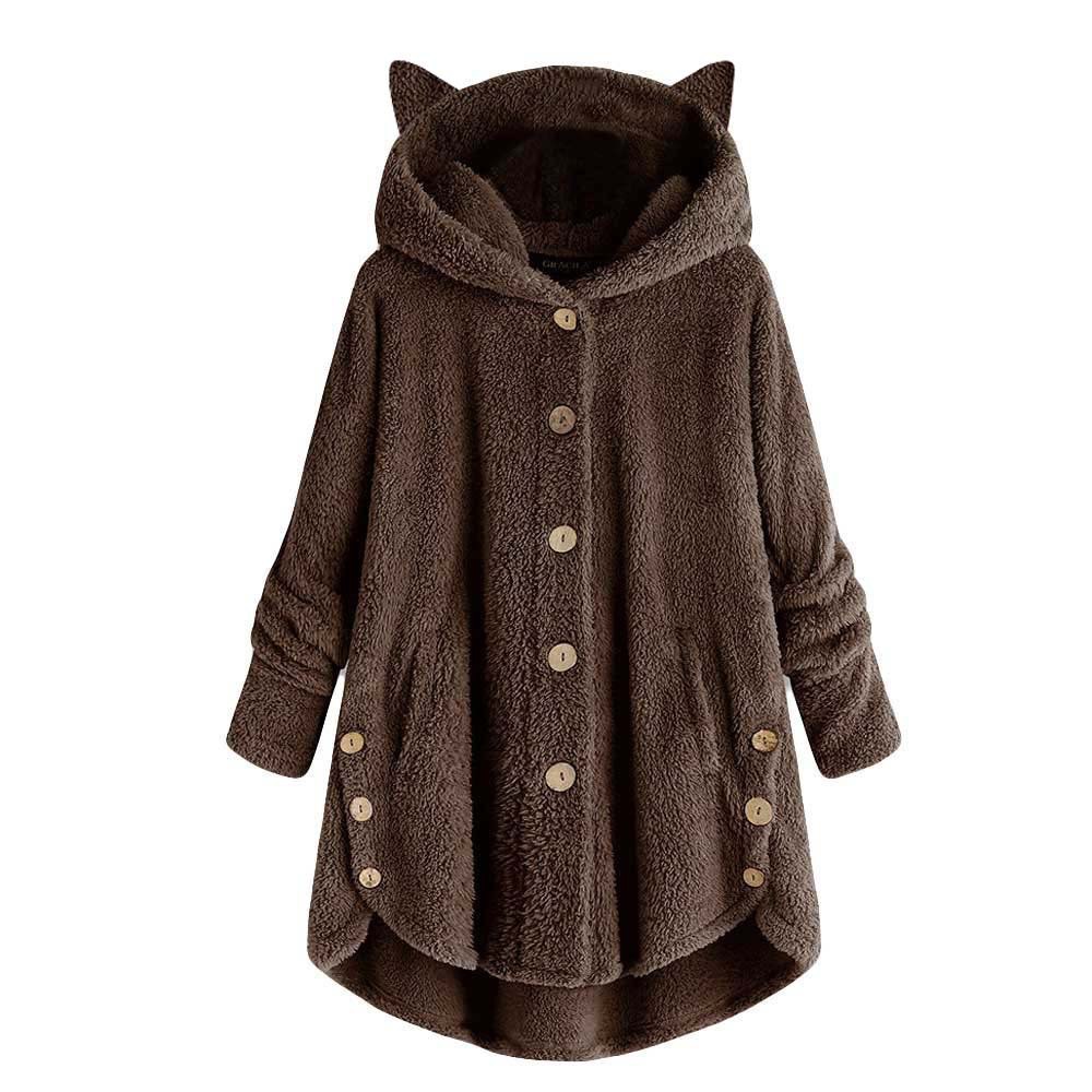 Women's Button Cat Ear Plush Solid Color Hoodie