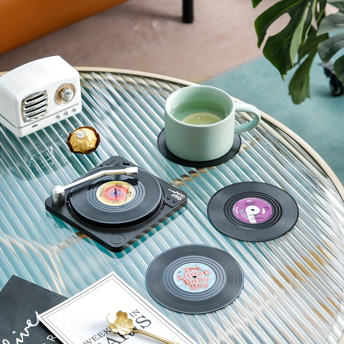Classic Vinyl Record Coasters & Record Player