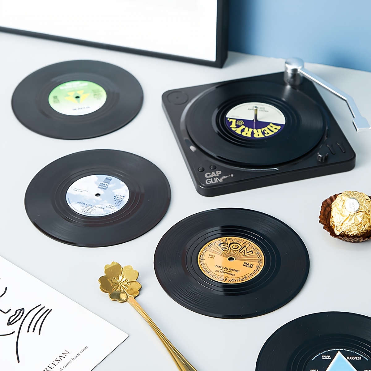 Classic Vinyl Record Coasters & Record Player