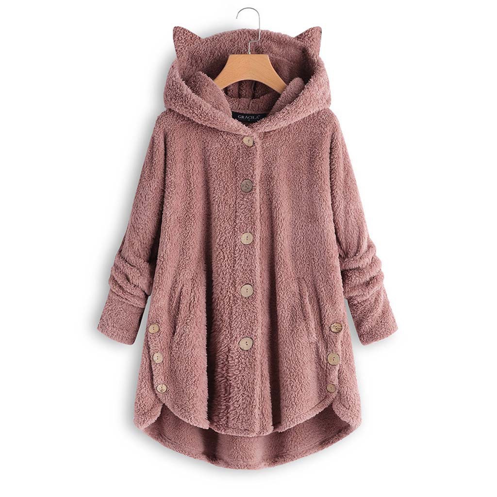 Women's Button Cat Ear Plush Solid Color Hoodie