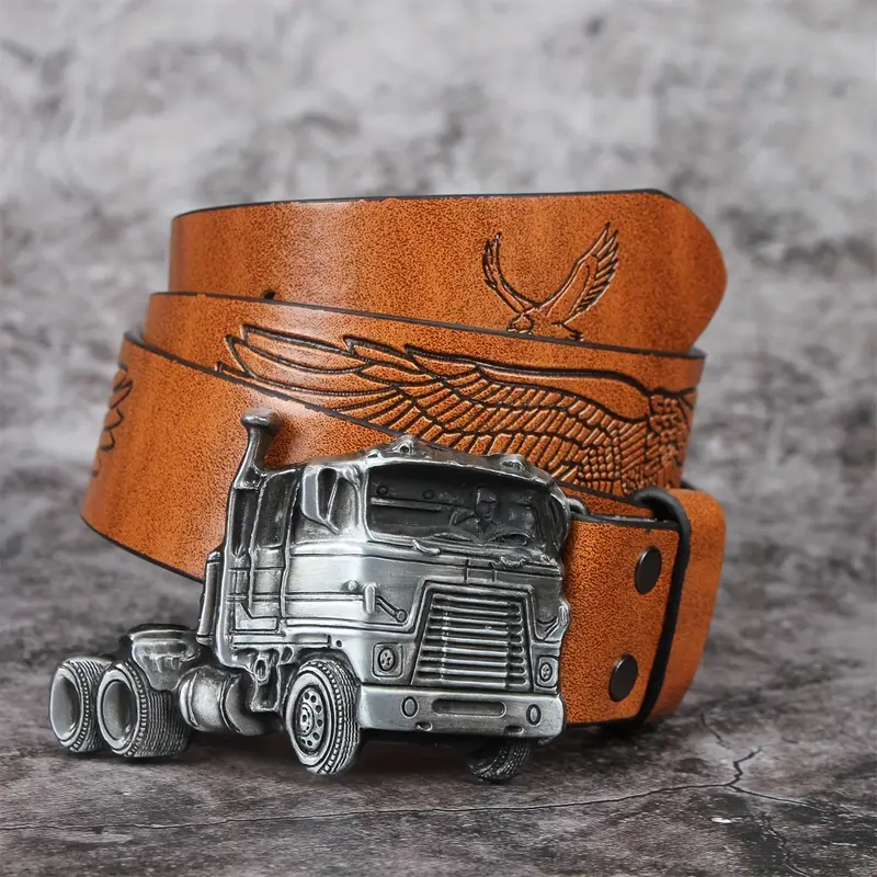 Mens Belts Leather - Silver Truck Buckle