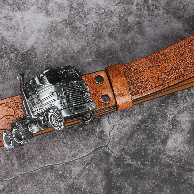 Mens Belts Leather - Silver Truck Buckle
