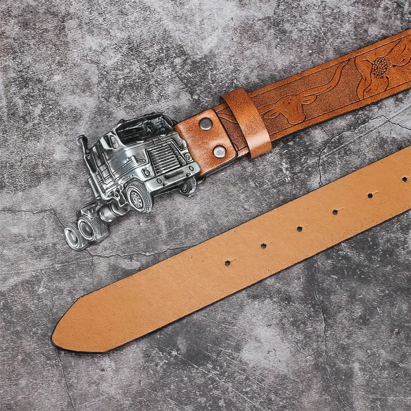 Mens Belts Leather - Silver Truck Buckle