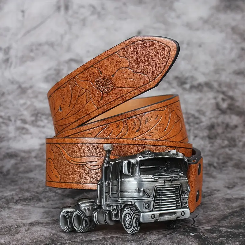 Mens Belts Leather - Silver Truck Buckle