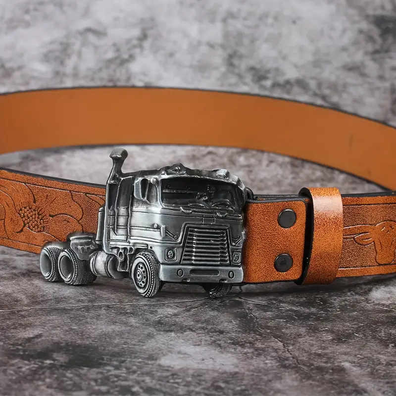 Mens Belts Leather - Silver Truck Buckle
