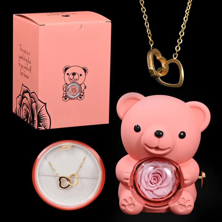 Eternal Rose Bear W/ Engraved Necklace