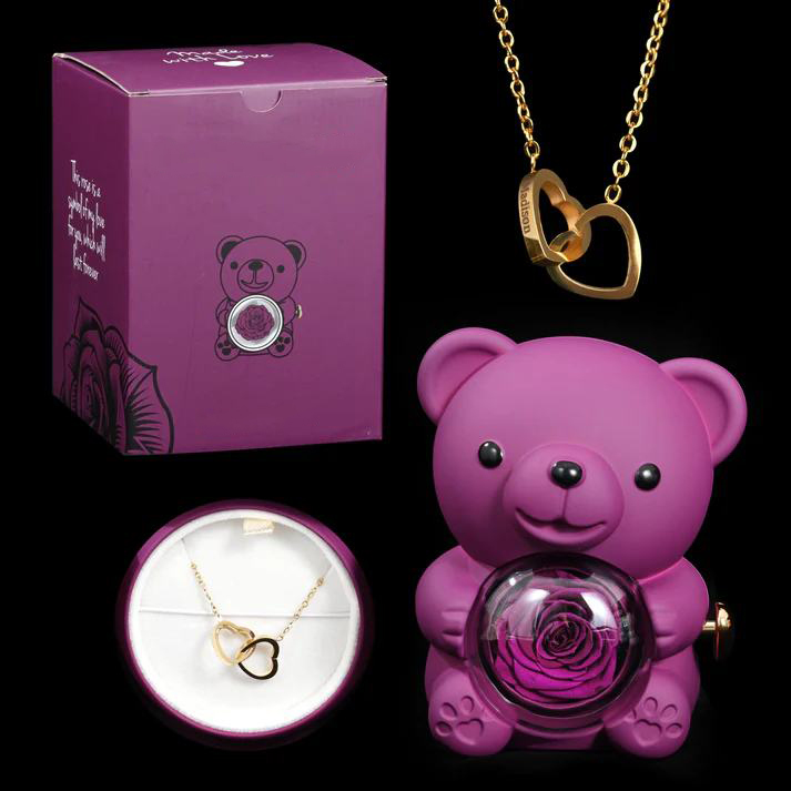 Eternal Rose Bear W/ Engraved Necklace