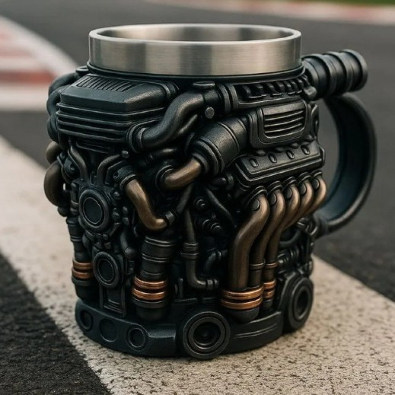 V12 Engine Steampunk Coffee Mug – Resin Body with Stainless Steel Liner, Unique Mechanical Punk Design