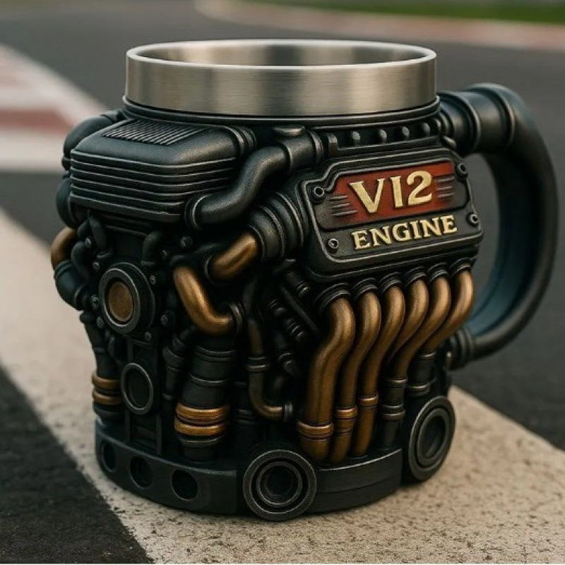 V12 Engine Steampunk Coffee Mug – Resin Body with Stainless Steel Liner, Unique Mechanical Punk Design