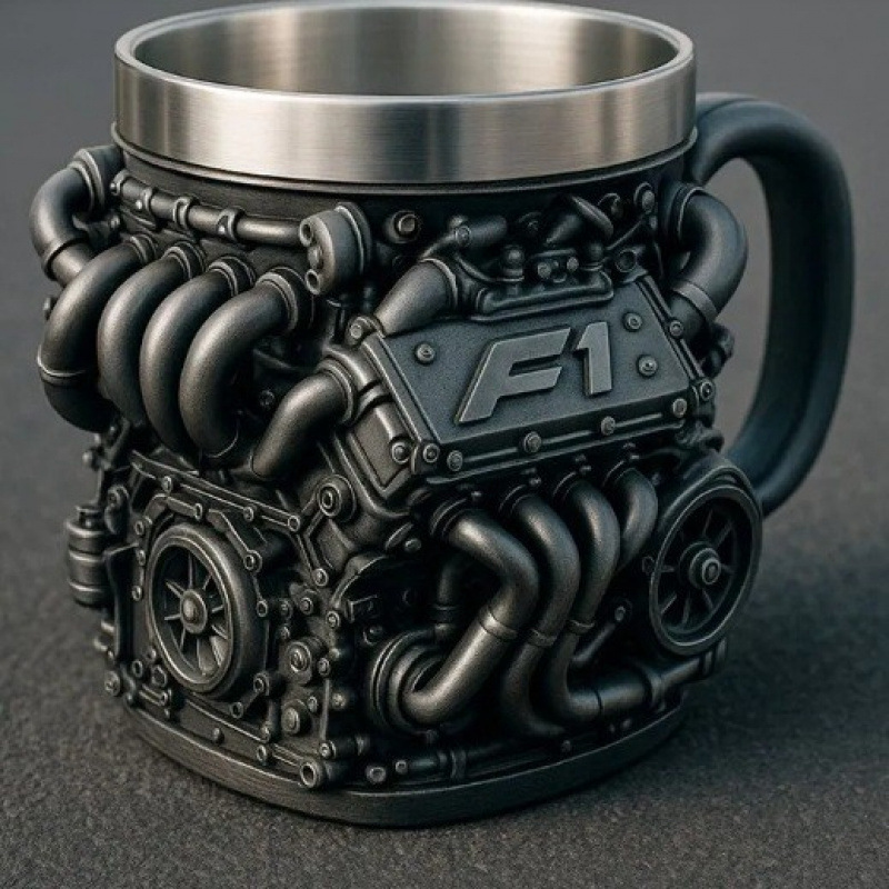 V12 Engine Steampunk Coffee Mug – Resin Body with Stainless Steel Liner, Unique Mechanical Punk Design