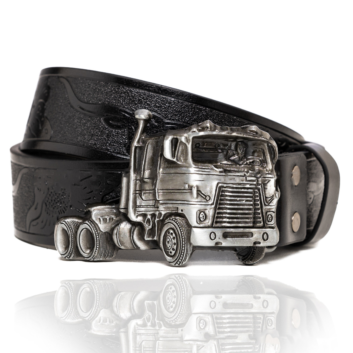 Mens Belts Leather - Silver Truck Buckle