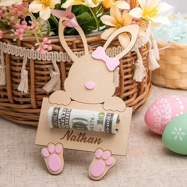 Personalized Rabbit Bunny Money Holder Basket Tags with Engraved Name Easter Gift for Kids