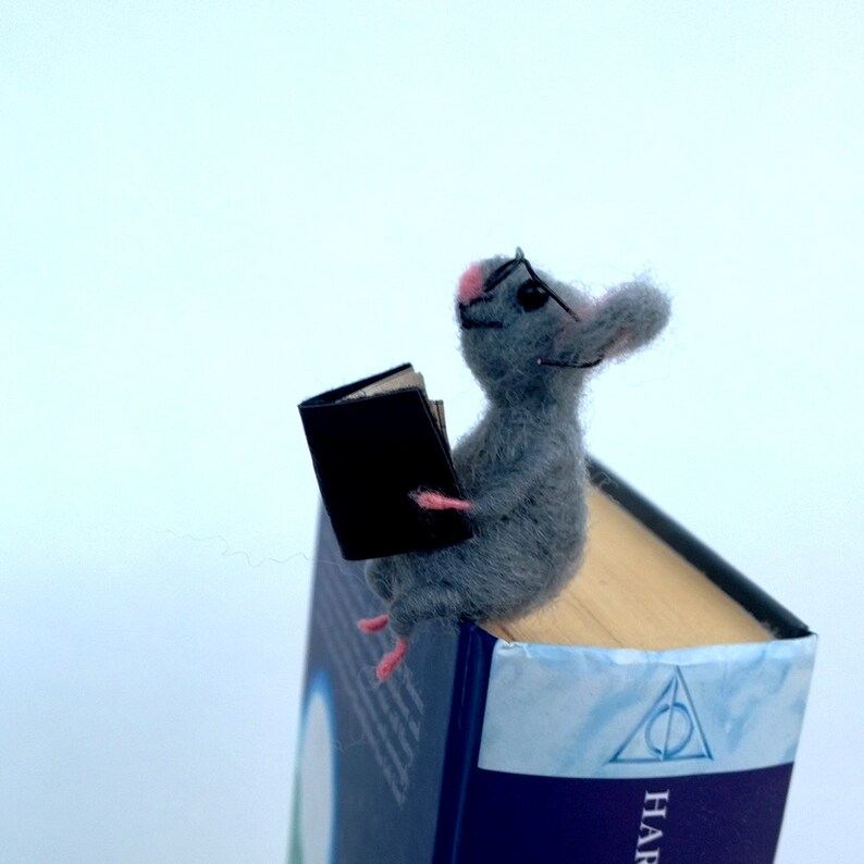 Animal bookmark reading book Felt gray mouse glasses Back to school gift