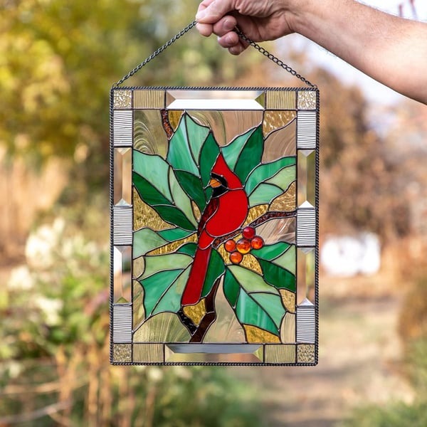 🐦Cardinal Stained Glass Window Panel