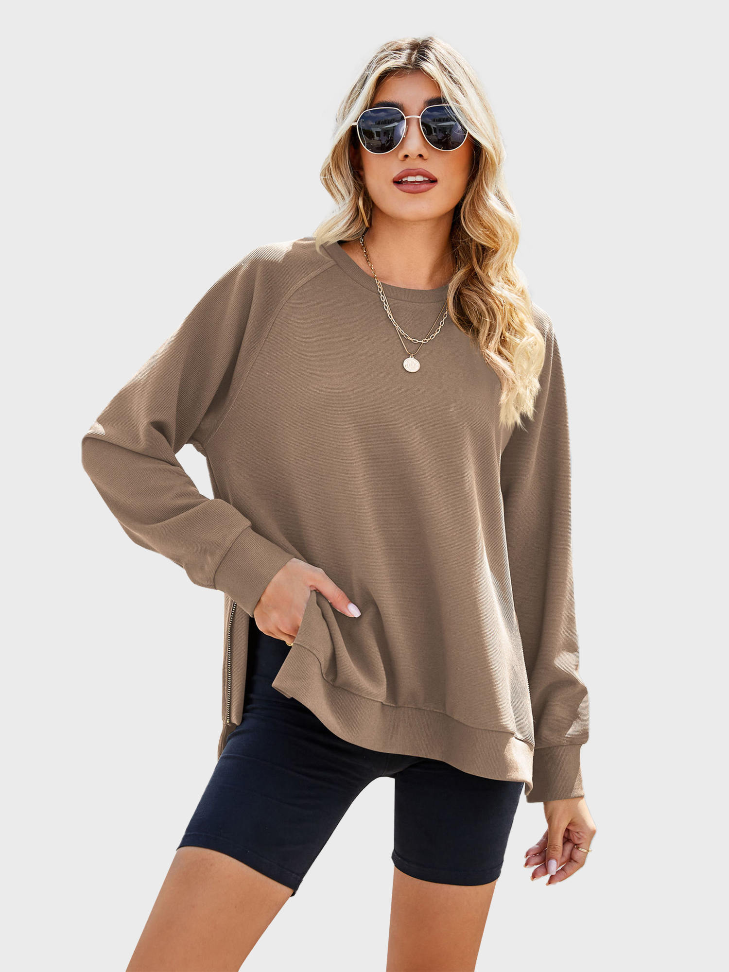 Casual Side Split Ribbed Sweatshirt