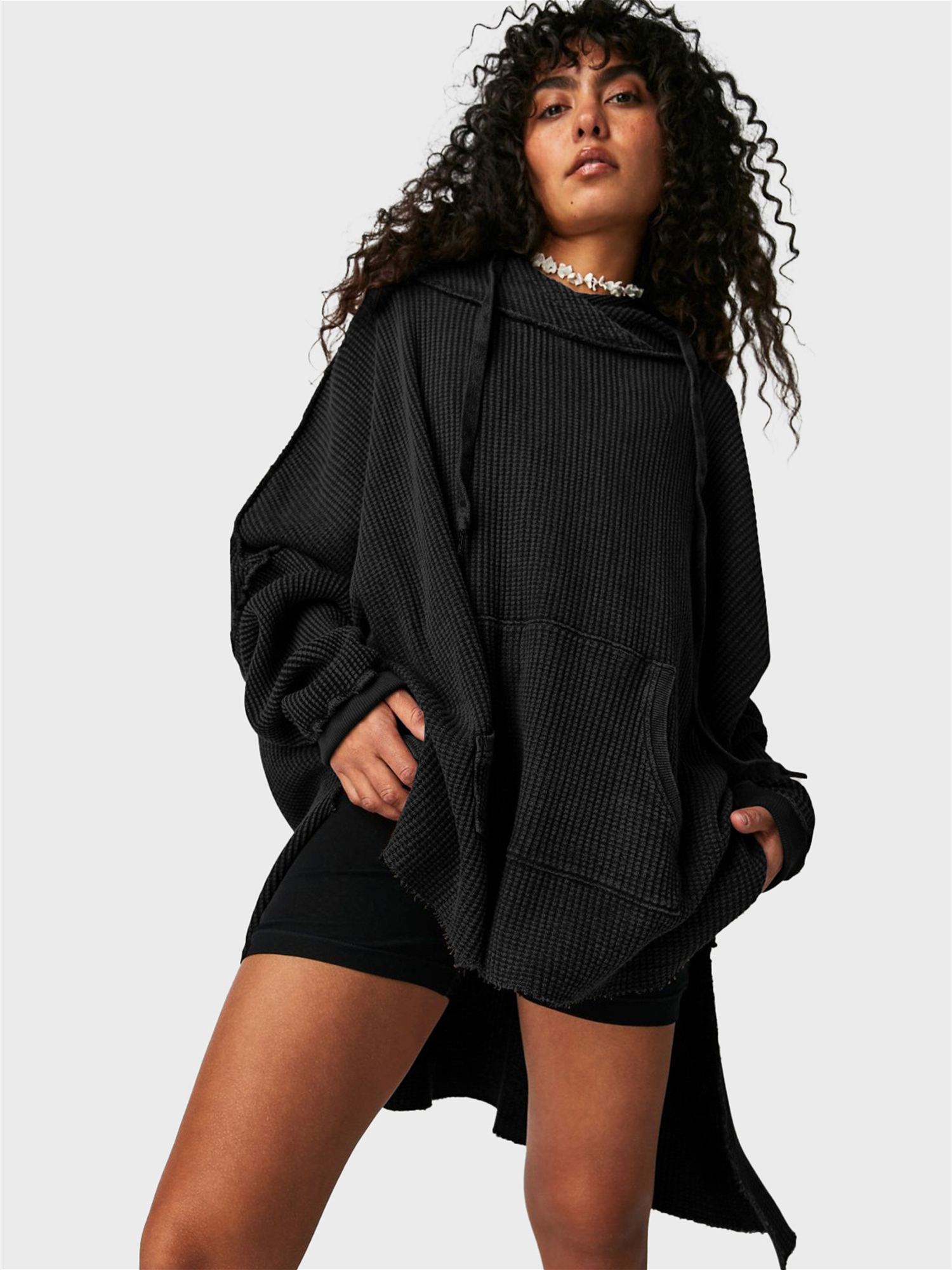 Laid-Back Side Split Waffle Hoodie