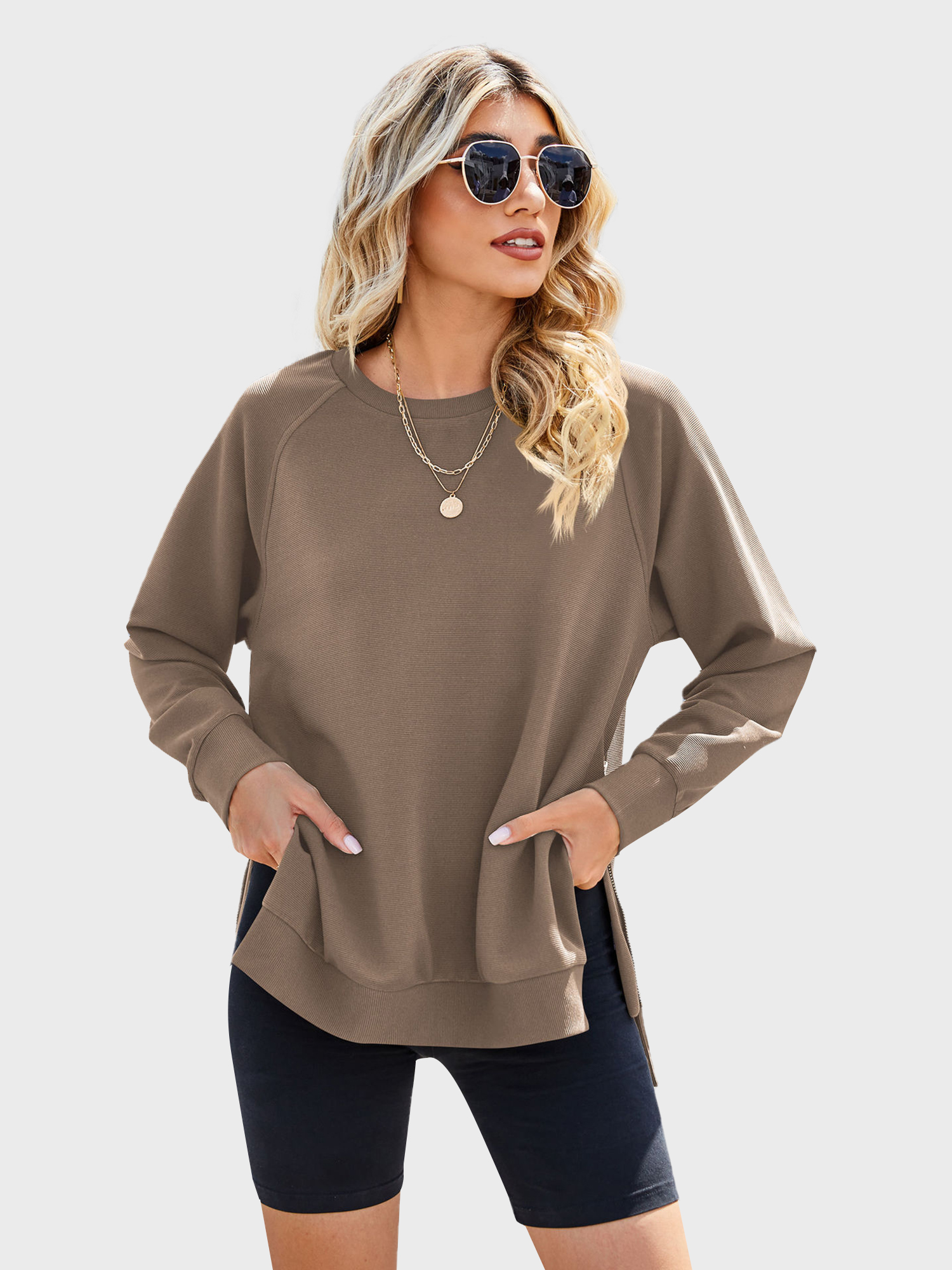 Casual Side Split Ribbed Sweatshirt