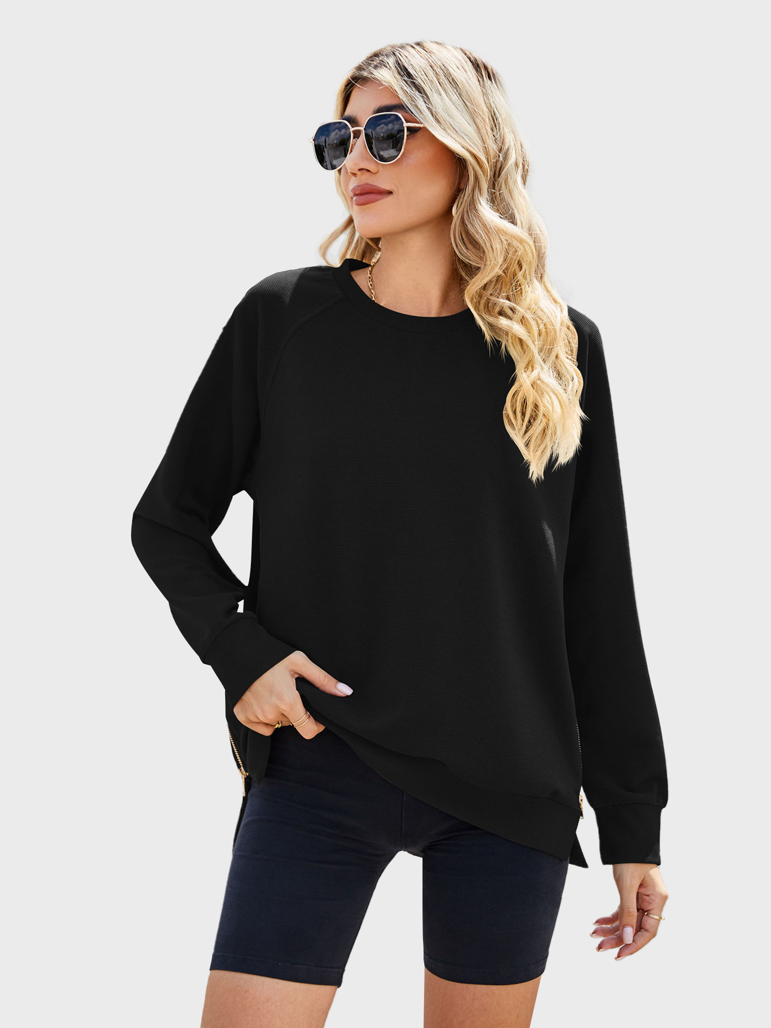 Casual Side Split Ribbed Sweatshirt