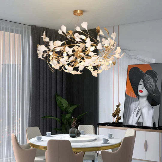 Gingko Porcelain Petal Brass Chandelier, Branch Round Lamp-Sylvia Space
